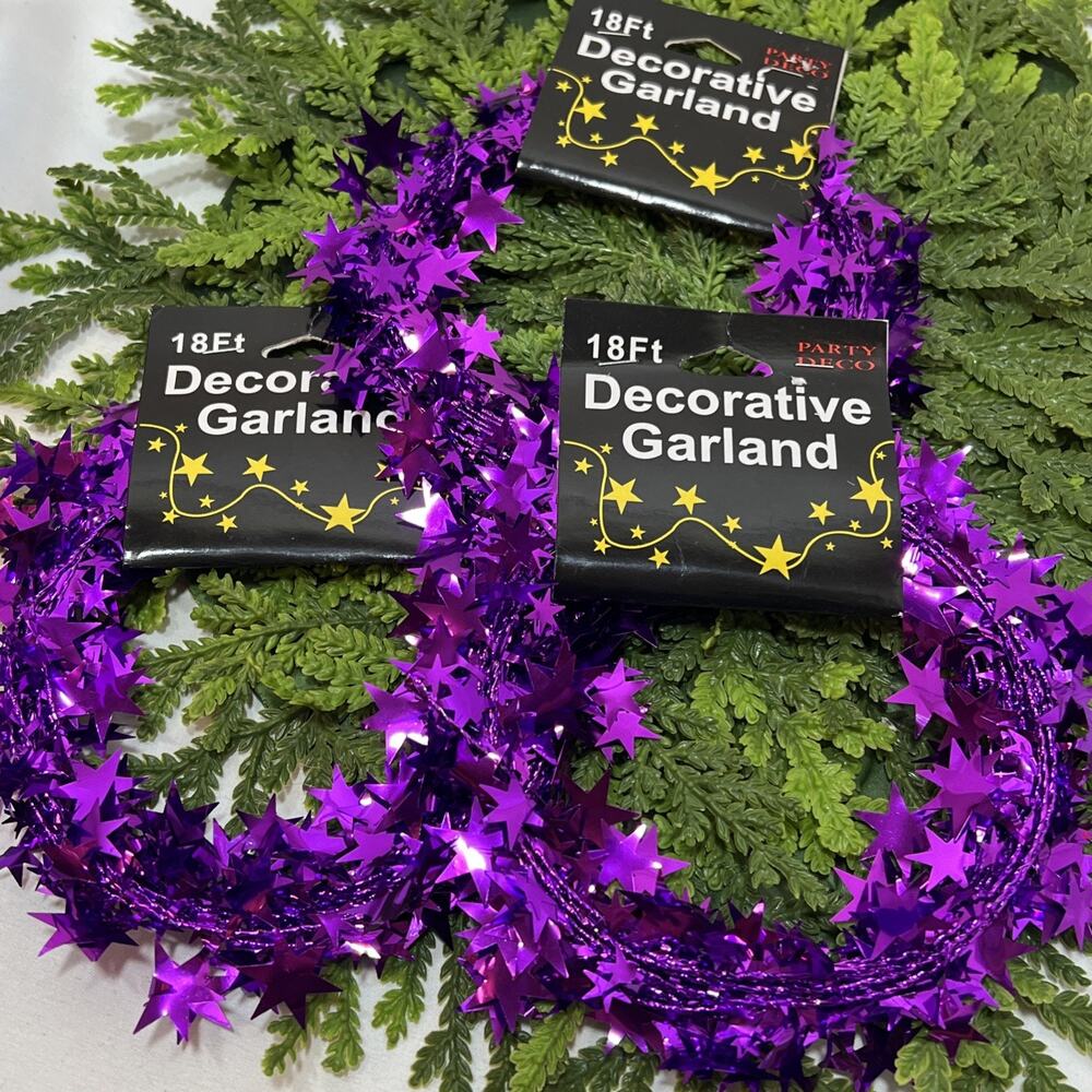 Vintage Star Tinsel Mylar Garland Christmas Halloween Purple Star Wired 54 ft